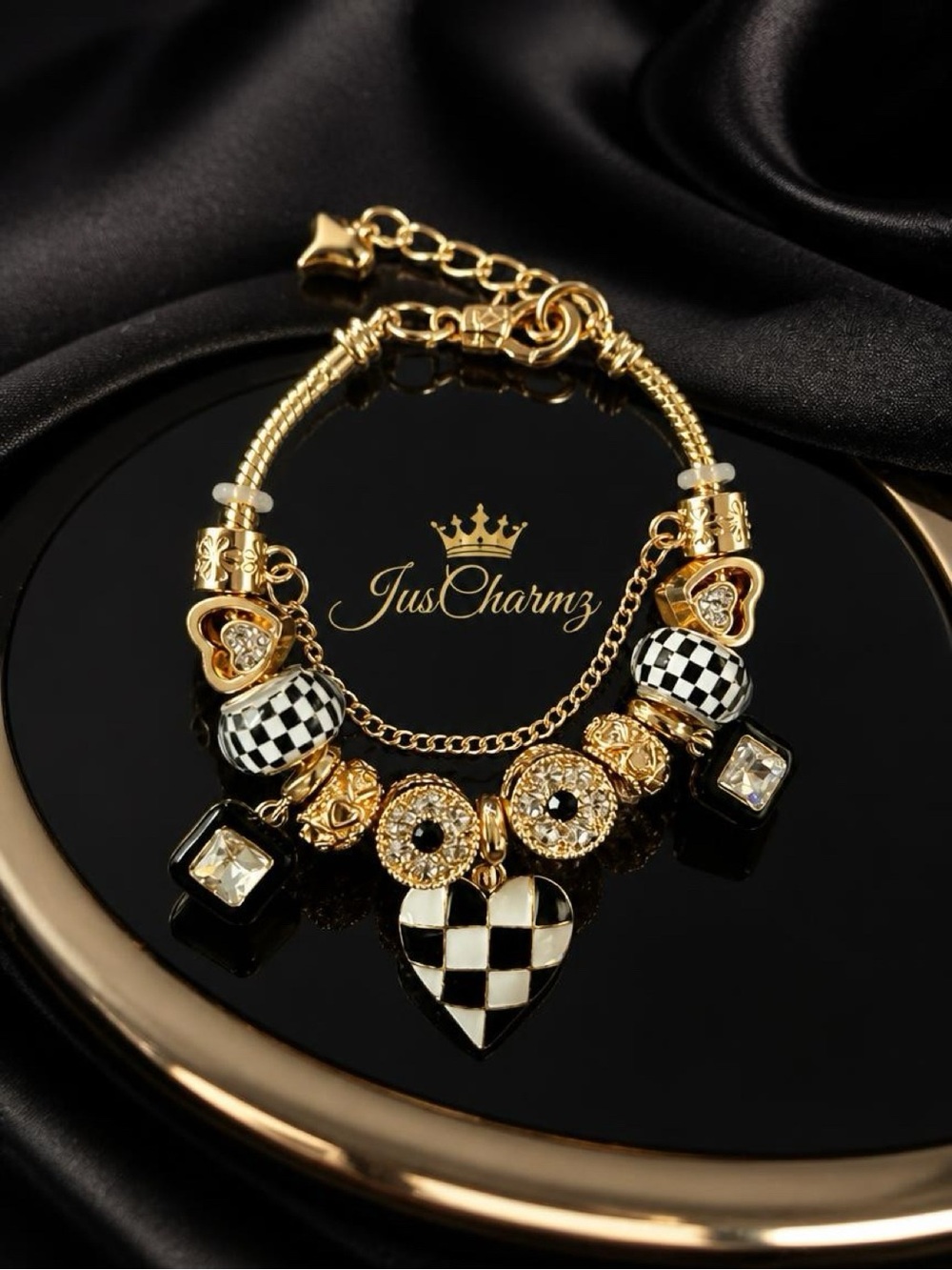 Gold-Tone Black & White Checker Heart Charm Bracelet